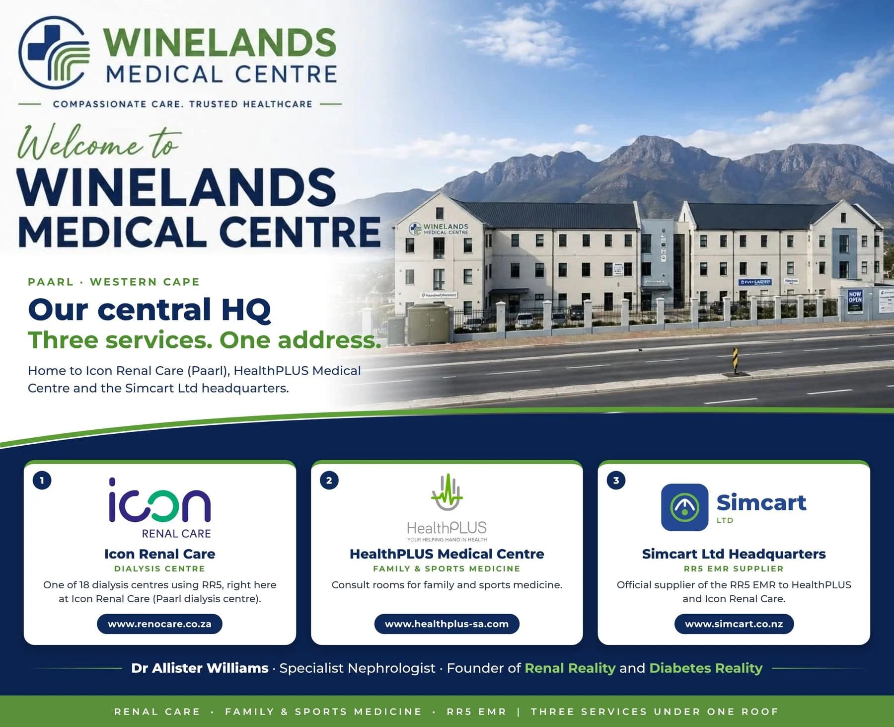 Winelands Medical Centre, Paarl: our central HQ, home to Icon Renal Care (Paarl), HealthPLUS Medical Centre and Simcart Ltd headquarters